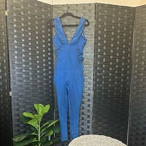 Denim deep V jumpsuit